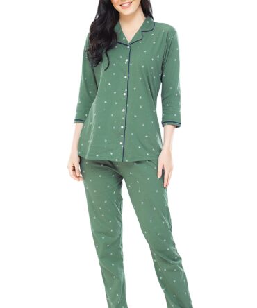 ZEYO Women's Cotton Star Printed Green Pajama Set Night Suit Set of Shirt & Pyjama 5271, Small
