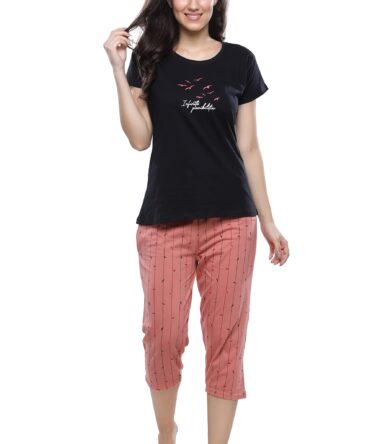 DZZO Cotton Night Suit for Women Girls | Women's Cotton Black T-Shirt & Striped Capri Set Pyjama Set Night Suit Sleepwear Nightwear Nightdress Loungewear for Women and Girls (Small, Black)