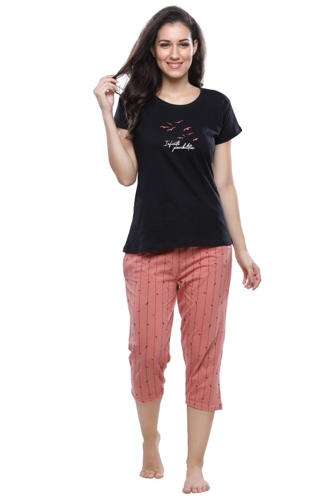 DZZO Cotton Night Suit for Women Girls | Women's Cotton Black T-Shirt & Striped Capri Set Pyjama Set Night Suit Sleepwear Nightwear Nightdress Loungewear for Women and Girls (Small, Black)