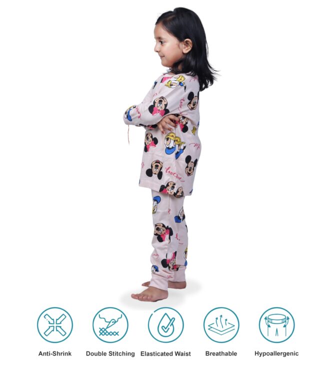 Hestia|Kids Girls Nightwear|Sleepwear|Cotton|Trouser Full Sleeves Pajama Set Tshirt|Elastic Waist|Night Dress With Pyjama Tshirts For Girls|Mickeyy Minniee Printed|Peach Color 2-4Yrs|Set 1,2 -4 Years - Image 5