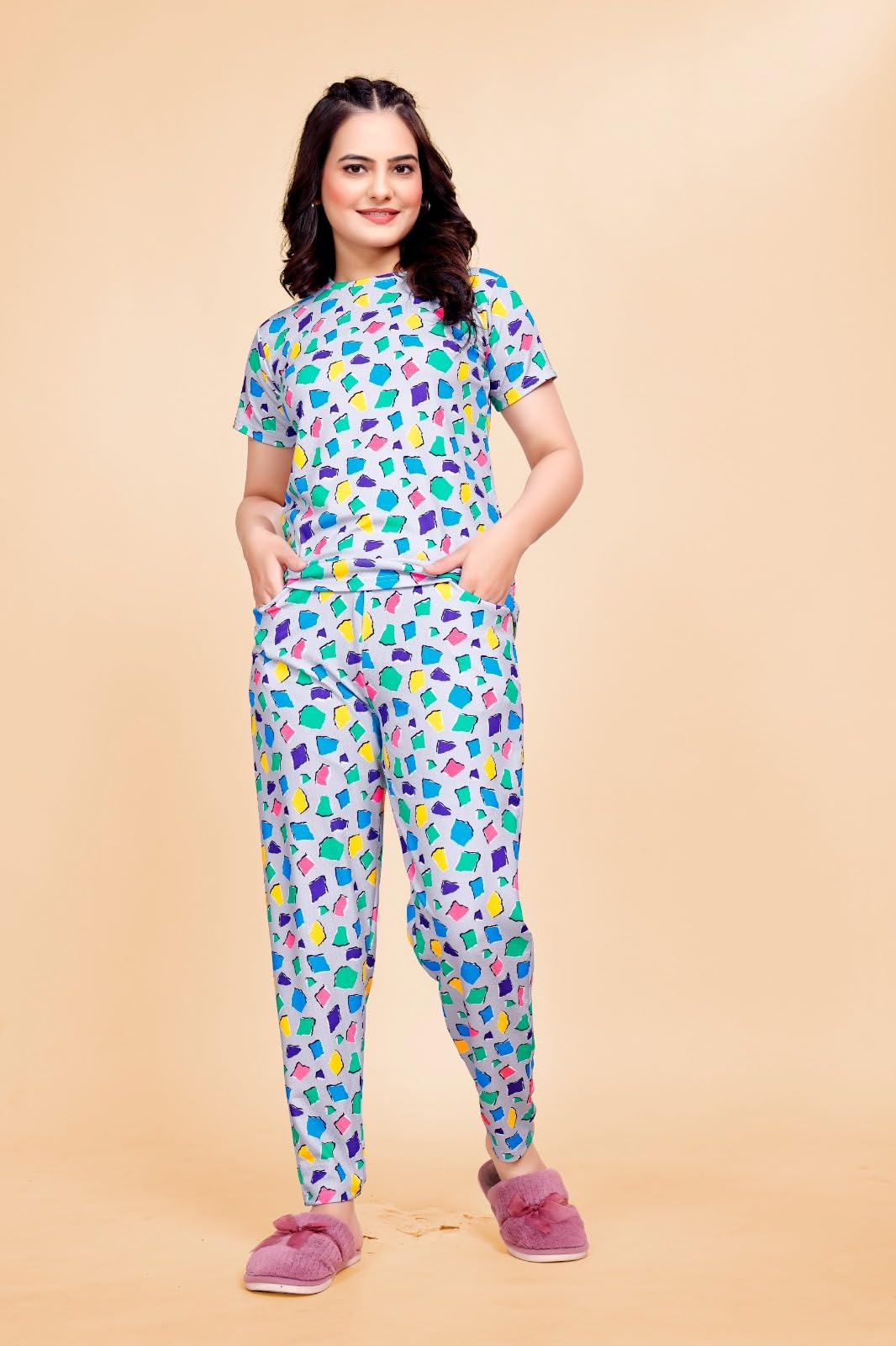 M-SIS Women's Colorful Print Cotton Nightwear Pajama Set, Short Sleeve Top with Full Length Pants, Loungewear with Pockets (Multicolor, XL) - Image 5