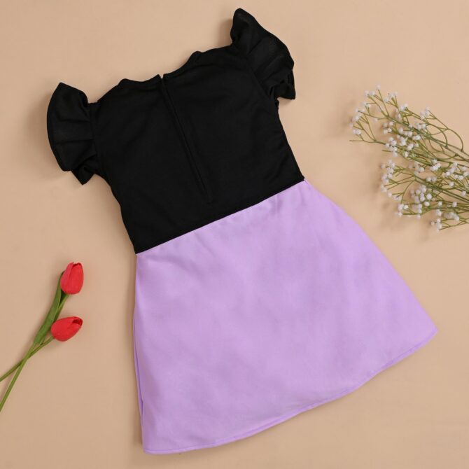 Girls ER Fashion Casual Cotton Blend Meow Printed Knee Length Ruffle Short Sleeves A-Line Dress (6-7 Years, Lavender and Black) - Image 2