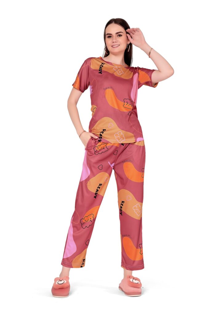 BlackBasket Women's Printed Round Neck Pyjama Set | Short Sleeve Nightsuit Set | Casual Night Dress for Women | Stylish Tshirt and Pyjama Set for Loungewear and Nightwear (RED, L)