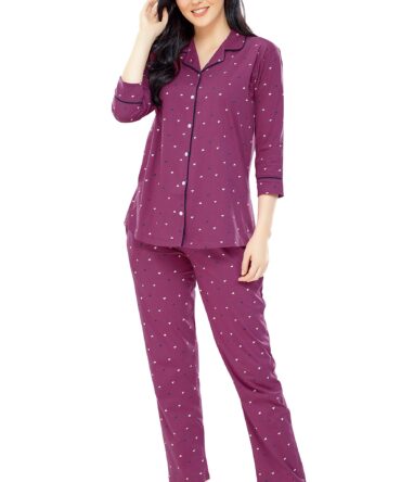 ZEYO Women's Cotton Heart Printed Wine Night Suit Shirt & Pajama Set 5276 (Medium)