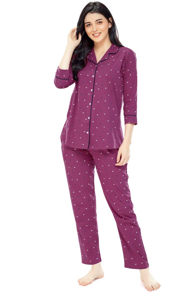 ZEYO Women's Cotton Heart Printed Wine Night Suit Shirt & Pajama Set 5276 (Medium)