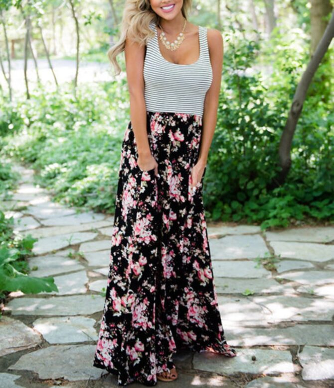 Qin.Orianna Mommy and Me Matching Maxi Dresses,Sleeveless Top Bohemia Floral Printed Matching Outfits with Pockets (Mom 8, Black) - Image 5