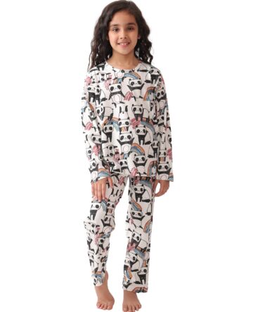 ANTHRILO Pure Cotton Printed Pyjama Set for Girls | Sleepwear | Night Suit, Night Wear | Long Sleeves T-Shirt & Pyjama | Regular Wear | 6-7 Years | WHITE1