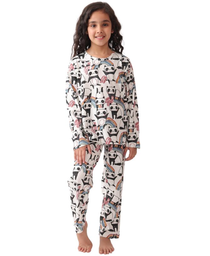 ANTHRILO Pure Cotton Printed Pyjama Set for Girls | Sleepwear | Night Suit, Night Wear | Long Sleeves T-Shirt & Pyjama | Regular Wear | 6-7 Years | WHITE1