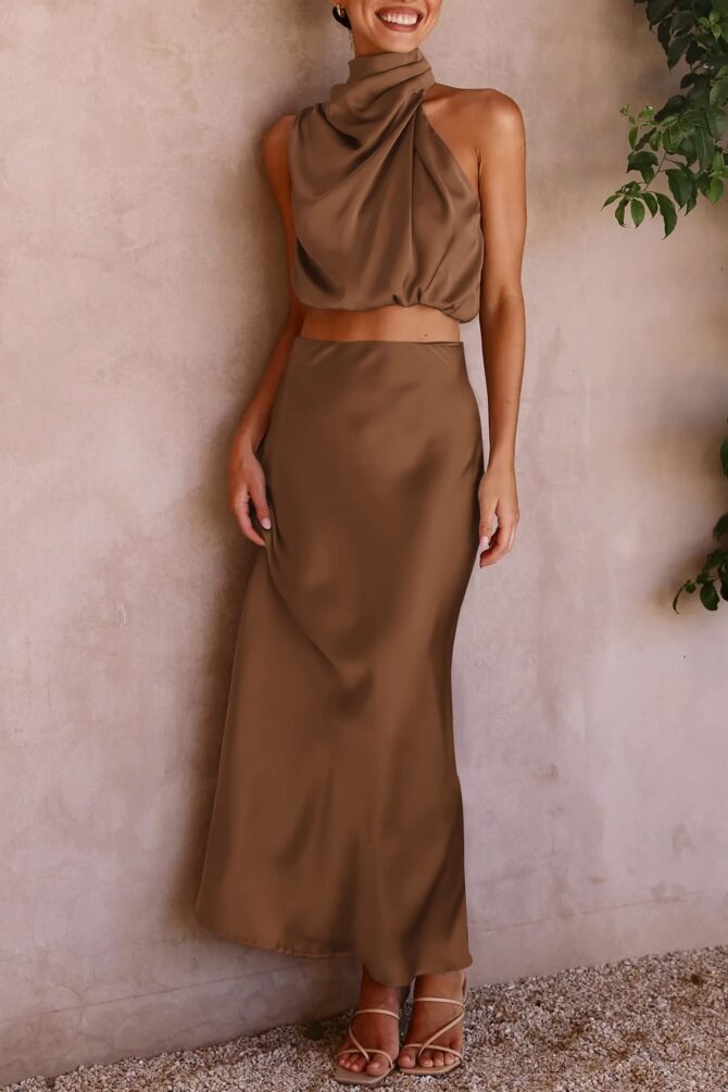 PRETTYGARDEN Women's 2 Piece Satin Outfits Summer Sleeveless Mock Neck Crop Tops And Long Skirt Dress Sets, Khaki, Small - Image 6