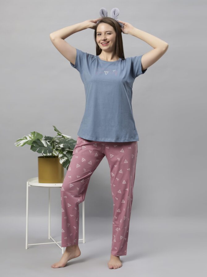DZZO Women's Cotton Printed Night Suit Set of Shirt & Pyjama, Night wear Dress, Relaxed wear for Women/Girls, Size - S, Color - Blue - Image 4
