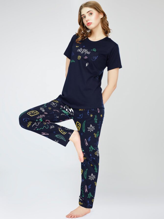 ZEYO Night Suit for Women's Navy Blue Printed Cotton Night Dress of Top and Pajama Set 5774 - Image 3