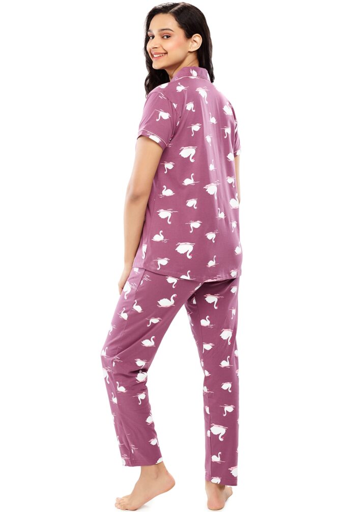 ZEYO Women's Cotton Swan Printed Dark Mauve Stylish Night Suit Pajama Set of Shirt & Pyjama 5611 - Image 5