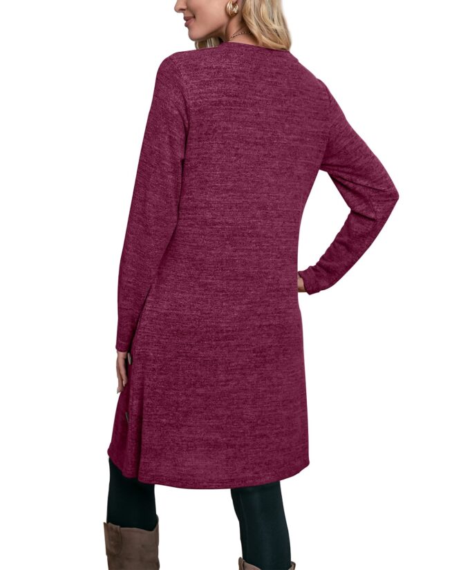 OFEEFAN Women's Cold Shoulder Tunic Top T-Shirt Swing Dress Pockets, Gu- Deep Rose Purple, L - Image 3