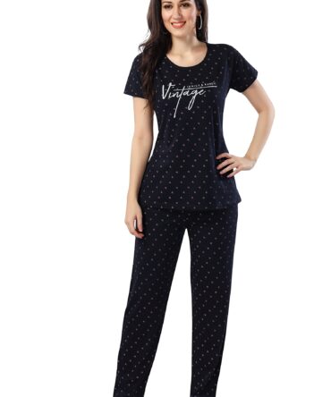 DZZO Cotton Night Suit for Women Girls | Women's Printed Cotton Night Suit Set Pyjama Set Sleepwear Nightwear Nightdress Loungewear (XXX-Large, Navy Blue)