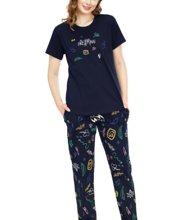 ZEYO Night Suit for Women's Navy Blue Printed Cotton Night Dress of Top and Pajama Set 5774