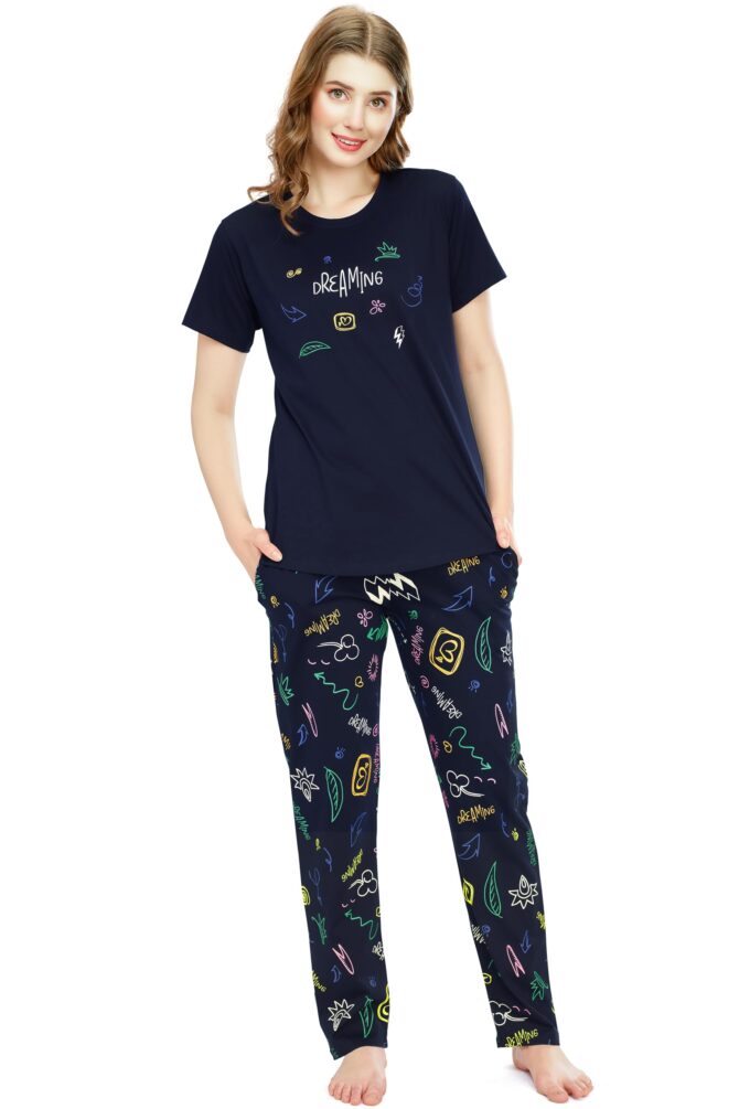 ZEYO Night Suit for Women's Navy Blue Printed Cotton Night Dress of Top and Pajama Set 5774