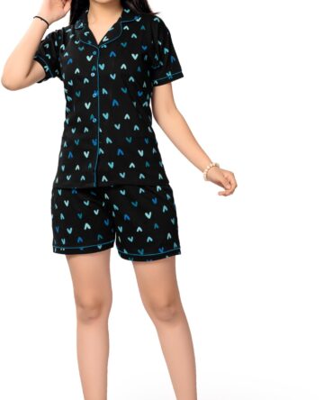 BLOEM Girls Cotton Printed Casual Nightsuit | Comfortable Sleepwear & Loungewear Set | T-Shirt & Shorts Pajama Set for Kids | Versatile Nightwear & Daywear for Girls Blue