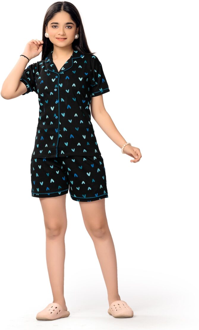BLOEM Girls Cotton Printed Casual Nightsuit | Comfortable Sleepwear & Loungewear Set | T-Shirt & Shorts Pajama Set for Kids | Versatile Nightwear & Daywear for Girls Blue