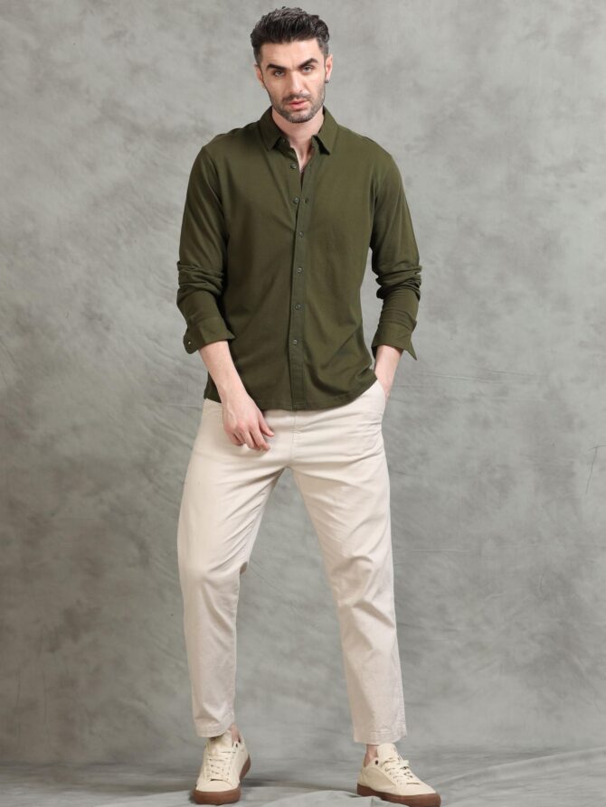 StitchX Solid Shirt for Men Cotton Full Sleeves Regular Fit Plain Mens Shirts Spread Collar Stylish Casual Shirts for Mens Comfortable Fashionable Office Party Casual Wear Mens Shirt Olive Green L - Image 3