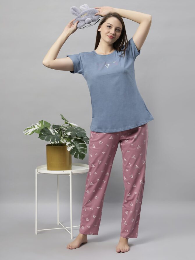 DZZO Women's Cotton Printed Night Suit Set of Shirt & Pyjama, Night wear Dress, Relaxed wear for Women/Girls, Size - S, Color - Blue - Image 5
