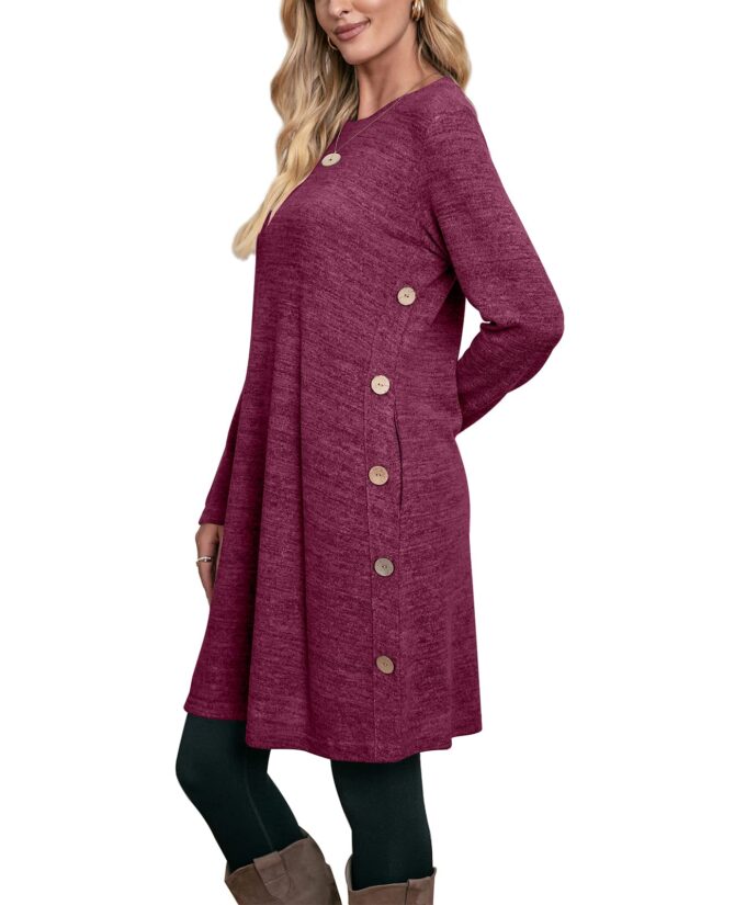 OFEEFAN Women's Cold Shoulder Tunic Top T-Shirt Swing Dress Pockets, Gu- Deep Rose Purple, L - Image 6