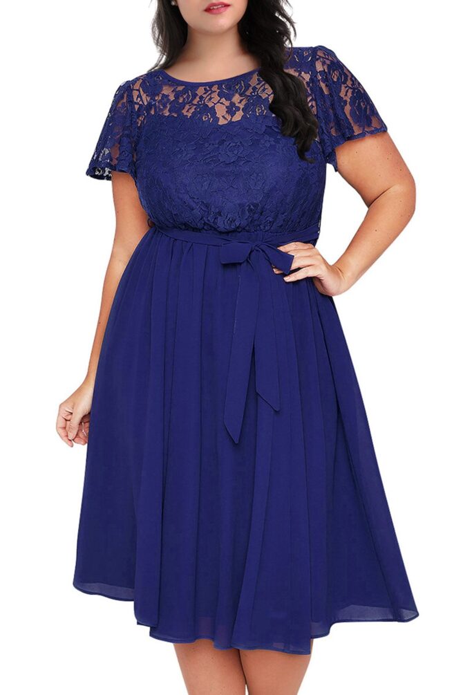 Nemidor Women's Scooped Neckline Floral Lace Top Plus Size Cocktail Party Midi Dress (14W, Blue) - Image 5