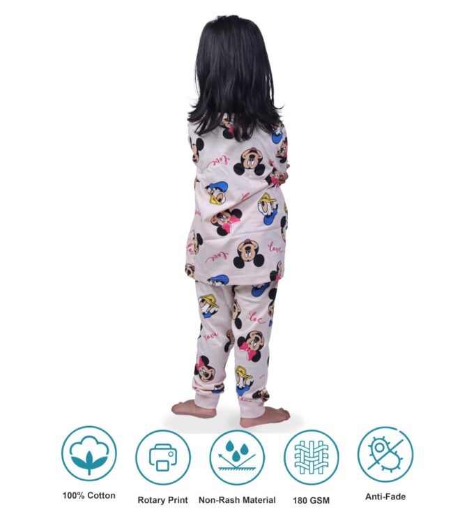 Hestia|Kids Girls Nightwear|Sleepwear|Cotton|Trouser Full Sleeves Pajama Set Tshirt|Elastic Waist|Night Dress With Pyjama Tshirts For Girls|Mickeyy Minniee Printed|Peach Color 2-4Yrs|Set 1,2 -4 Years - Image 4