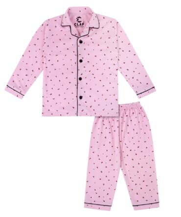 CLAP Kids Cotton Printed Full Sleeves Night Suit (Pink.Cherry, 3-4 Years)