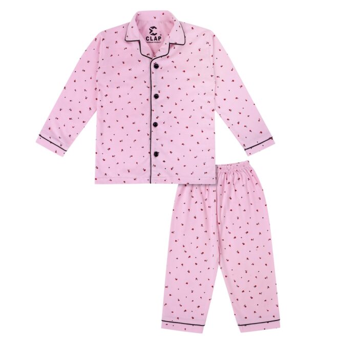 CLAP Kids Cotton Printed Full Sleeves Night Suit (Pink.Cherry, 3-4 Years)