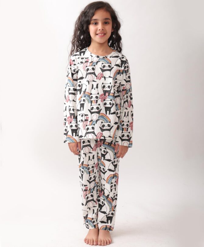 ANTHRILO Pure Cotton Printed Pyjama Set for Girls | Sleepwear | Night Suit, Night Wear | Long Sleeves T-Shirt & Pyjama | Regular Wear | 6-7 Years | WHITE1 - Image 3