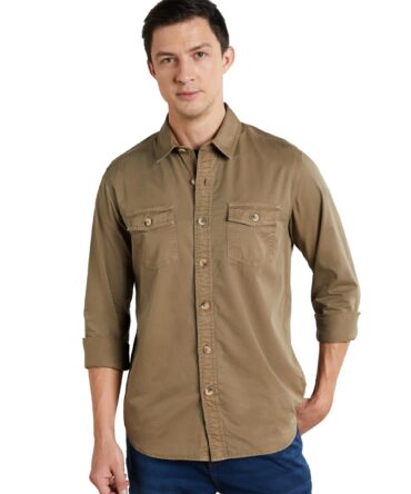 Symbol Premium Men's Casual Washed Cotton Twill Shirt (Regular Fit) (Khaki_M)