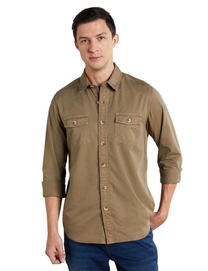 Symbol Premium Men's Casual Washed Cotton Twill Shirt (Regular Fit) (Khaki_M)