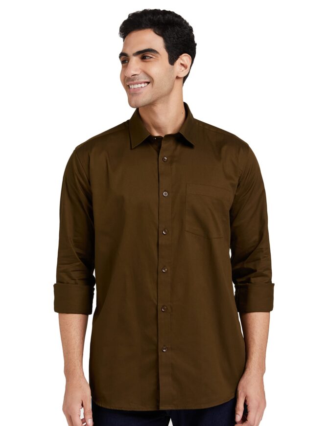 Amazon Brand - Symbol Men's Solid Cotton Formal Shirt | Plain | Full Sleeve - Regular Fit (Available in Plus Size) (Brown_42)