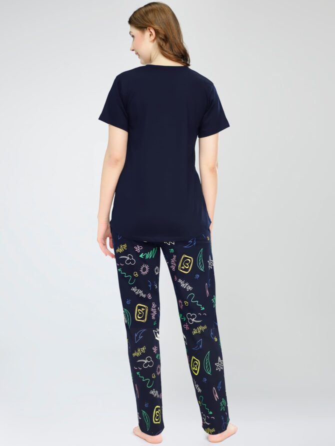 ZEYO Night Suit for Women's Navy Blue Printed Cotton Night Dress of Top and Pajama Set 5774 - Image 4