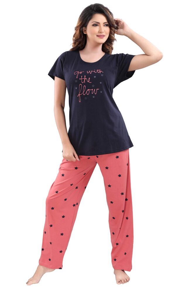 DZZO New Cotton Night Suit for Women Girls | Women's Cotton Printed Night Suit Set Pyjama Set Sleepwear Nightwear Nightdress Loungewear (XXX-Large) Navy Blue - Image 4