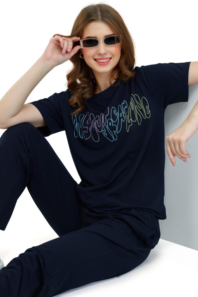 ZEYO Women's Cotton Navy Blue Typography Wide Bottom Night Suit Set of Top & Pyjama - Image 7