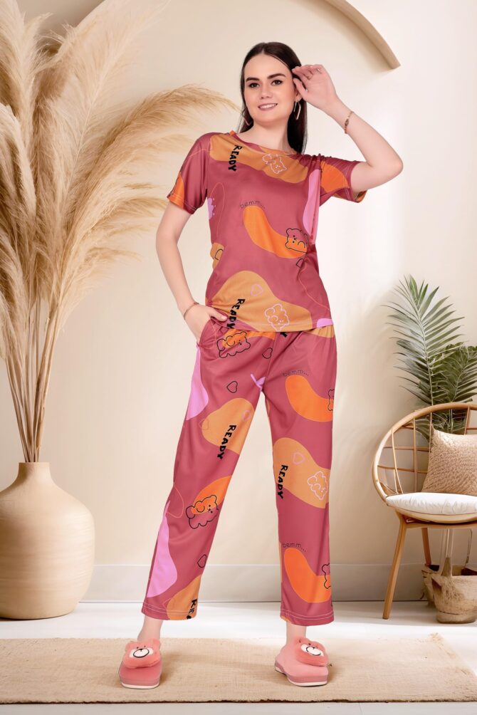 BlackBasket Women's Printed Round Neck Pyjama Set | Short Sleeve Nightsuit Set | Casual Night Dress for Women | Stylish Tshirt and Pyjama Set for Loungewear and Nightwear (RED, L) - Image 2