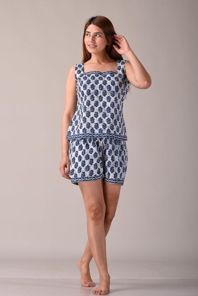 KANNAHI Women Pure Cotton Paisley Printed Indigo Blue Top & Shorts Set, Nightwear, Nightsuit Set, Sleepwear, Loungewear (Combo of Top and Shorts) (XX-Large) - Image 2