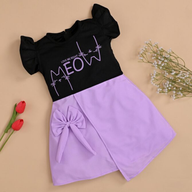 Girls ER Fashion Casual Cotton Blend Meow Printed Knee Length Ruffle Short Sleeves A-Line Dress (6-7 Years, Lavender and Black) - Image 5