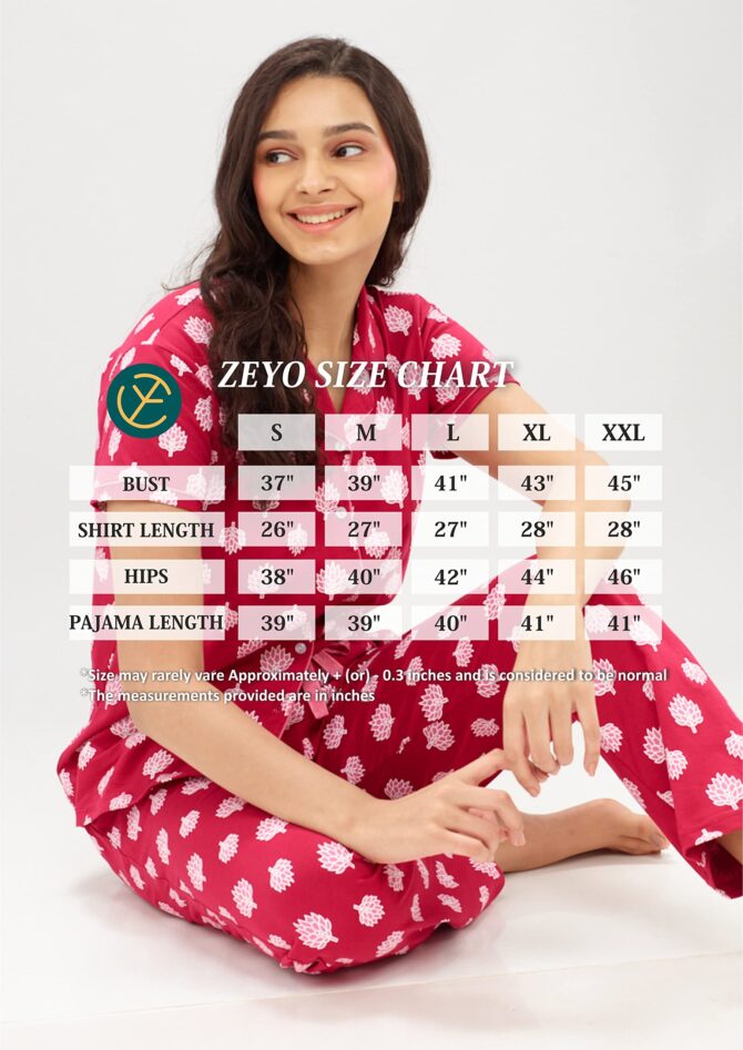 ZEYO Women's Red Cotton Leaf Printed Stylish Night Suit Set of Shirt & Pyjama 5610 - Image 3