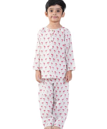 Chheent Cotton Unisex Printed Night Dress Suit Sleepwear Girls, Boys | Pink Flamingo (7-8 Years)