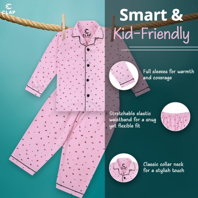 CLAP Kids Cotton Printed Full Sleeves Night Suit (Pink.Cherry, 3-4 Years) - Image 4