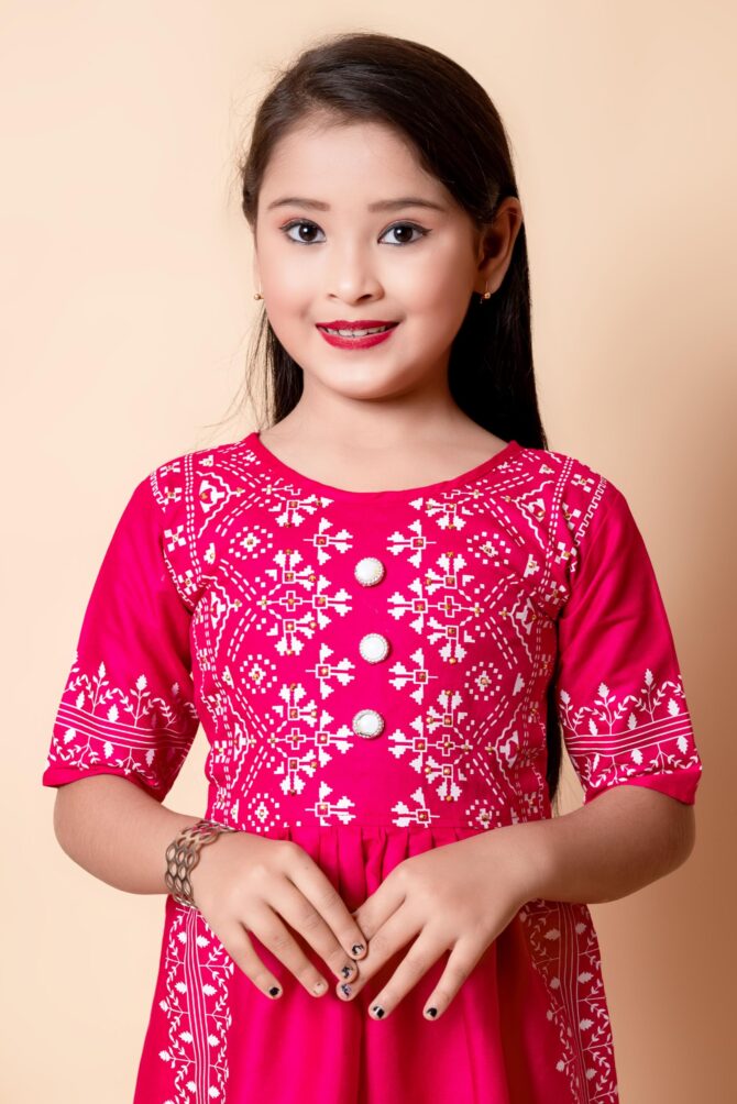 Badshah New Dresses Cotton Blend Casual Printed Short Sleeves Long Kurta And Pallazzo Set For Girls Kids (Pink) - Image 5