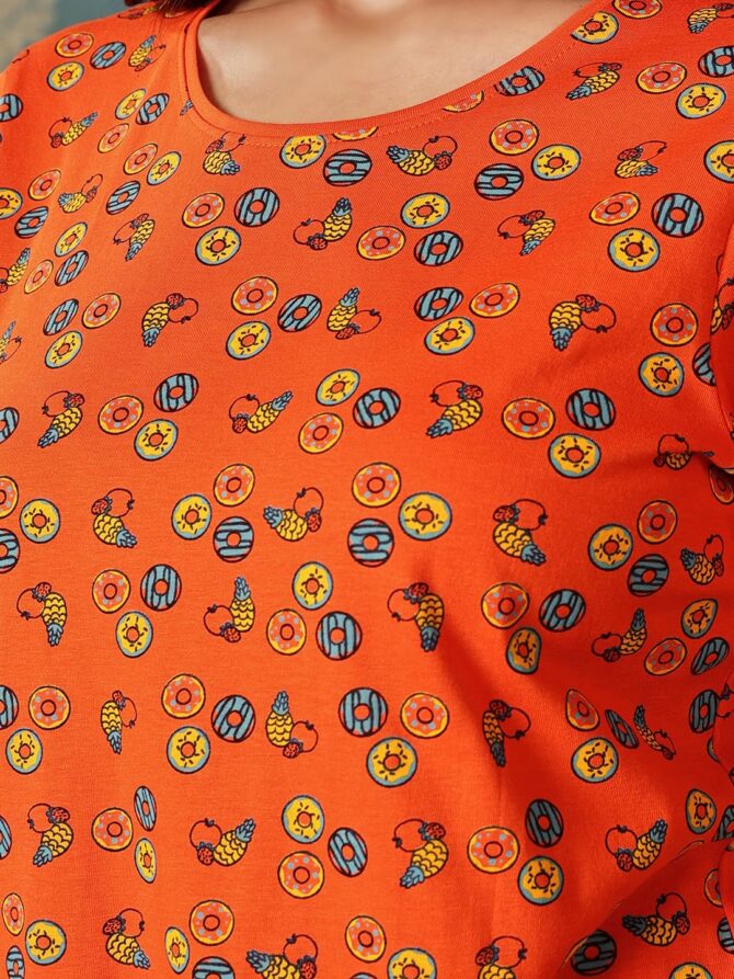 Clovia Women's Cotton Printed T-shirt & Pyjama Set (LS0039P16_Orange_L) - Image 4