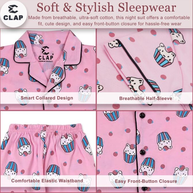 CLAP Kids Cotton Printed Half Sleeves Night Suit (2-3 Years, Pink.IC) - Image 5