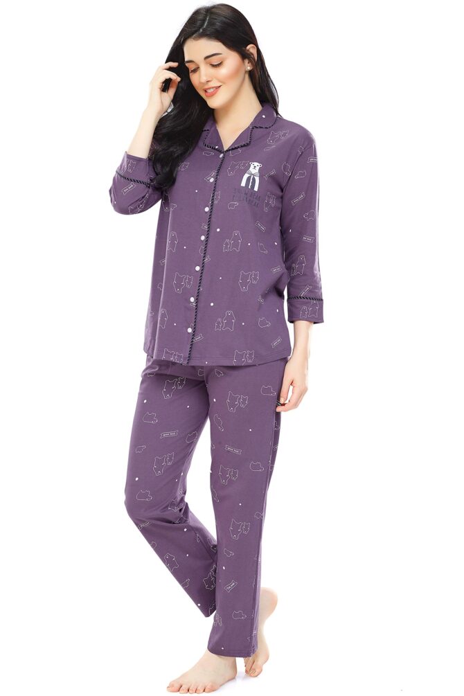 ZEYO Women's Cotton Bear Printed Purple Night Suit Set of Shirt & Pyjama 5270 - Image 5