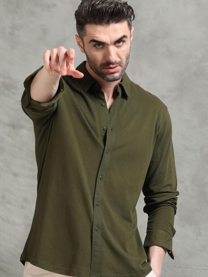 StitchX Solid Shirt for Men Cotton Full Sleeves Regular Fit Plain Mens Shirts Spread Collar Stylish Casual Shirts for Mens Comfortable Fashionable Office Party Casual Wear Mens Shirt Olive Green L - Image 4