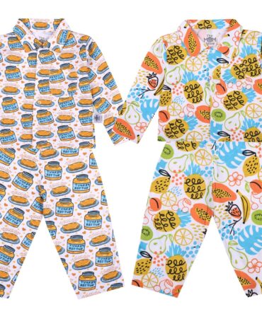 The Mom Store Baby Pajama Set Combo of 2 | 100% Cotton | Nightwear | Sleepwear for Newborn and for Infant | Soft | Comfortable | Breakfast-Sweet Print | for Boys and Girls | White | 6-12M