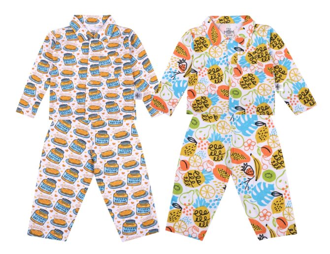 The Mom Store Baby Pajama Set Combo of 2 | 100% Cotton | Nightwear | Sleepwear for Newborn and for Infant | Soft | Comfortable | Breakfast-Sweet Print | for Boys and Girls | White | 6-12M
