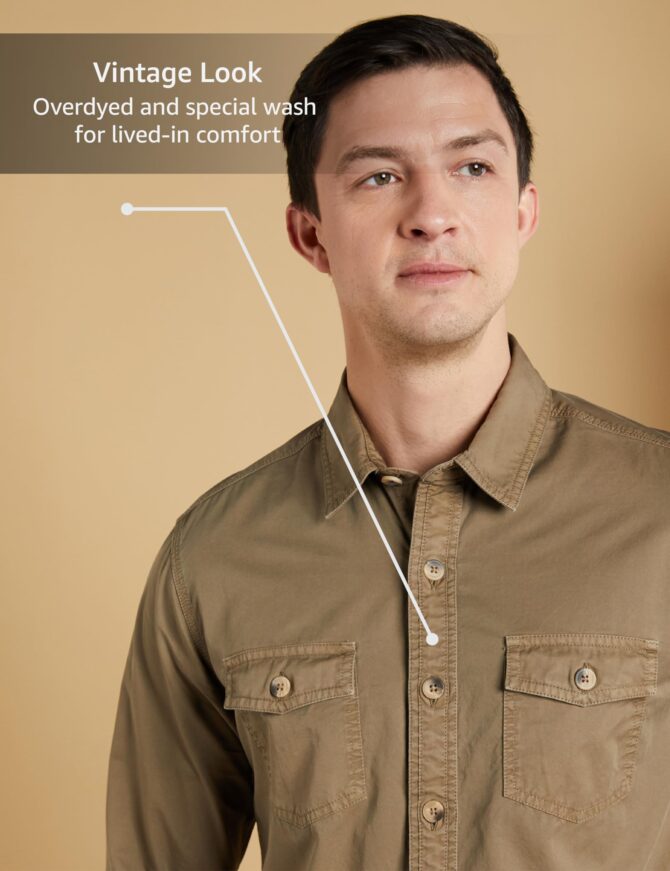 Symbol Premium Men's Casual Washed Cotton Twill Shirt (Regular Fit) (Khaki_M) - Image 4